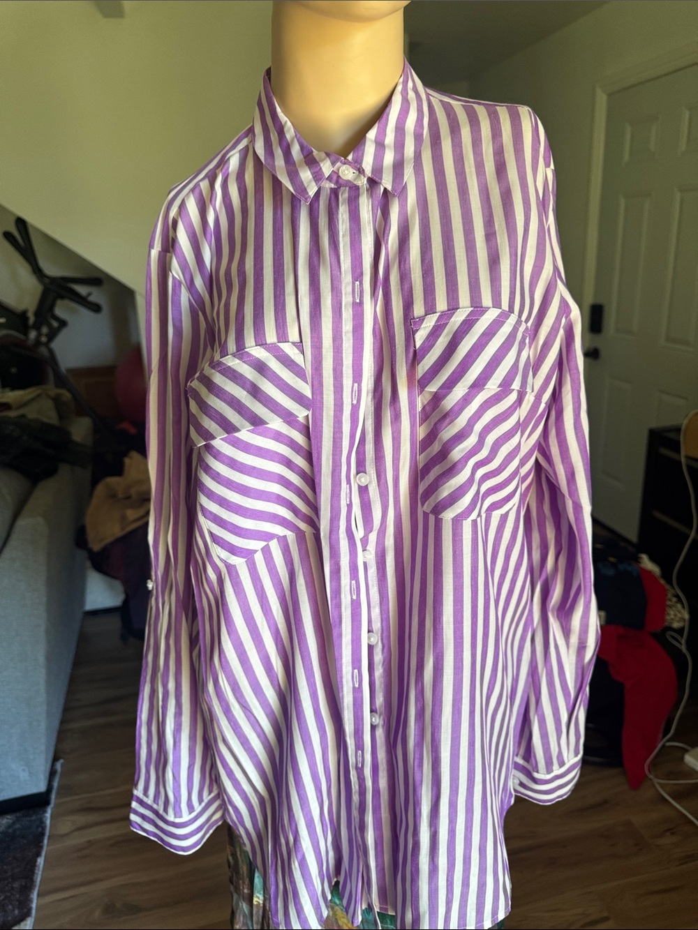 Express Purple and White Striped Button-Up Shirt P 11